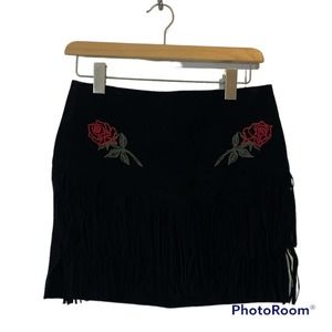 Adaptation Roses and Black Leather Suede Fringe Mini Skirt Women’s Size 26